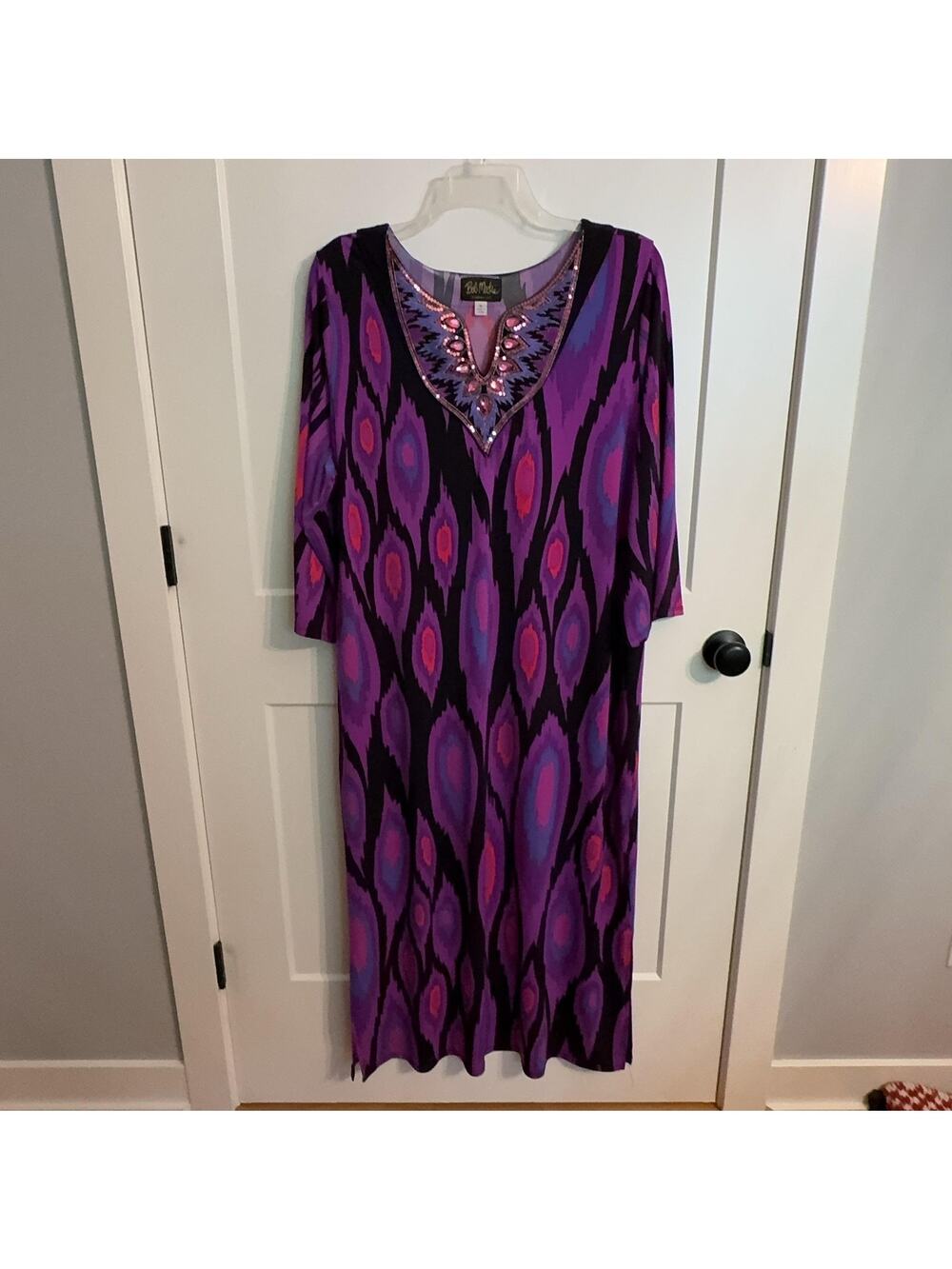 Bob Mackie Kaftan Vintage Sz XL Purple Geometric Sequin V Neck Maxi Travel Boho